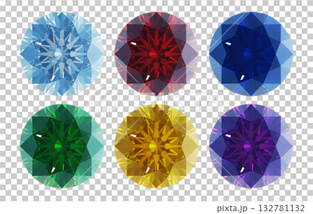 ラウンドブリリアントカットの色違いの宝石のCGイラスト。6色の推しカラーのダイヤンド ラウンドブリリアントカットの色違いの宝石のCGイラスト。6色の推しカラーのダイヤンド 132781132