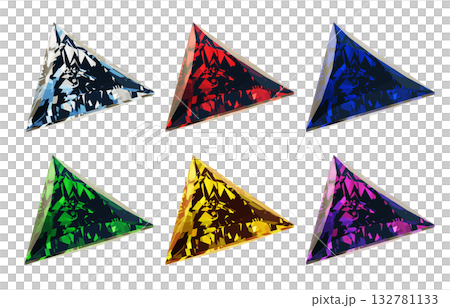 斜めから見たトライアングルカットの色違いの宝石のCGイラスト。6色の推しカラーのダイヤンド 斜めから見たトライアングルカットの色違いの宝石のCGイラスト。6色の推しカラーのダイヤンド 132781133