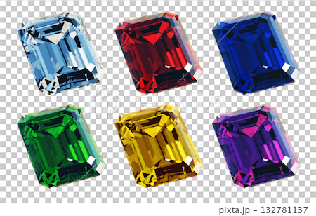 CG illustration of emerald cut gemstones of different colors seen from an angle. Diamonds in six recommended colors. CG illustration of emerald cut gemstones of different colors seen from an angle. Diamonds in six recommended colors. 132781137