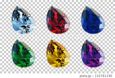 CG illustration of pear-shaped cut gemstones in different colors seen from an angle. Diamonds in six recommended colors. CG illustration of pear-shaped cut gemstones in different colors seen from an angle. Diamonds in six recommended colors. 132781140
