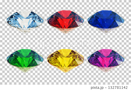 CG illustration of round brilliant cut gemstones in different colors seen from an angle. Diamonds in six recommended colors. CG illustration of round brilliant cut gemstones in different colors seen from an angle. Diamonds in six recommended colors. 132781142