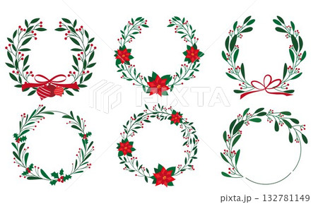オシャレな植物とオーナメントのデコレーションリース、クリスマスリースフレームセット 132781149
