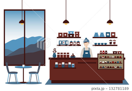 チョコレート専門店の店内イラスト　落ち着いた色合いのカフェ背景 132781189