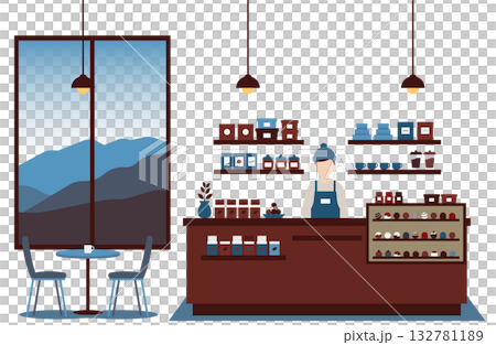 チョコレート専門店の店内イラスト　落ち着いた色合いのカフェ背景 132781189