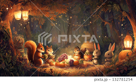 森の動物たちの収穫パーティーイラスト（秋） 132781254