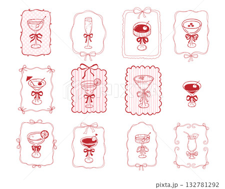 Whimsical cocktail glass with bow in coquette frame, cherry and strawberry, hand draw vector illustrations set, doodle for bride party invitation 132781292