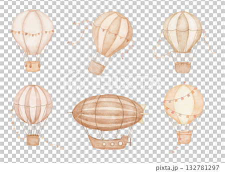 Flying Hot air balloon with flags and Dirigible in neutral colors. Watercolor zeppelin isolated illustration for kids 132781297