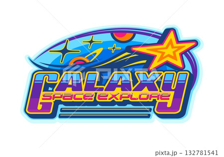 Galaxy space explore retro Y2K icon or symbol. Universe research vintage vector sign, cosmos exploration icon. Galaxy outerspace discovery emblem with shooting star and retro futuristic typography 132781541