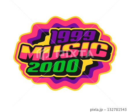 2000s music Y2K groovy sticker or patch. Radio vector label, festival concert melody funky patch. Musical sound groovy Y2K sticker or tag with vibrant colors funky typography and wavy border 2000s music Y2K groovy sticker or patch. Radio vector label, festival concert melody funky patch. Musical sound groovy Y2K sticker or tag with vibrant colors funky typography and wavy border 132781543