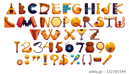 Cartoon musical font of music instruments typeface, entertainment funny type, vector English alphabet. Font of musical instrument letters with guitar, violin or piano and folk music typeface for ABC 132781544