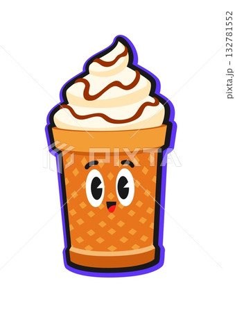 Fast food ice cream character vintage Y2K sticker or label. Street food menu dessert vintage 90s vector sticker, takeout sweet meal label. Ice cream with waffle cup cute personage fast food patch Fast food ice cream character vintage Y2K sticker or label. Street food menu dessert vintage 90s vector sticker, takeout sweet meal label. Ice cream with waffle cup cute personage fast food patch 132781552