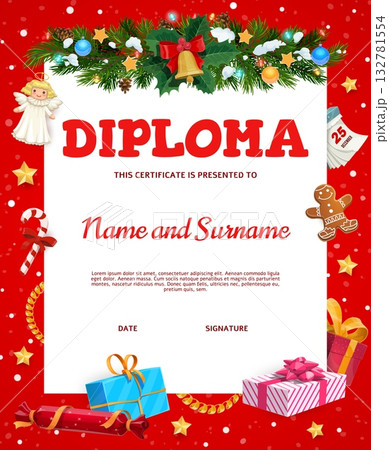 Kids diploma for Christmas holidays, decorated with cartoon festive garland of pine branches gifts, candy cane, gingerbread man and Xmas holiday gold bells. Vector Christmas kids diploma award 132781554