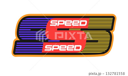Car speed race retro Y2K sticker or label. Drag race funky vector patch, competition Y2K sticker. Rally speed racing grand prix retro tag or label with S graphic letter and typography 132781558