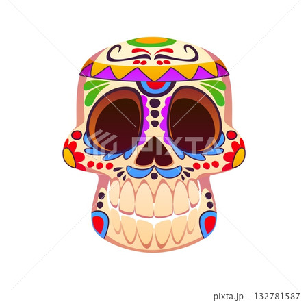 Day of the Dead holiday Dia De Los Muertos ornate sugar skull. Mexican festival attribute, Day of the Dead holiday isolated vector item. Mexico carnival with human skull with ethnic flower ornaments 132781587