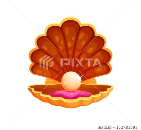 Cartoon sea bottom golden shiny pearl mollusc shell. Sea bottom precious isolated vector scallop mollusk, ocean nature jewelry oyster clam. Underwater life valuable seashell or marine rare pearl shell 132781595