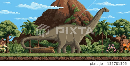 8 bit pixel art giant dinosaur character. Retro console 2d game Jurassic era dinosaur pixel vector personage. Prehistoric landscape with 8bit pixelated volcano mountain, jungle trees and brontosaurus 8 bit pixel art giant dinosaur character. Retro console 2d game Jurassic era dinosaur pixel vector personage. Prehistoric landscape with 8bit pixelated volcano mountain, jungle trees and brontosaurus 132781596