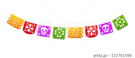Day of the Dead holiday, Dia De Los Muertos papel picado garland. Mexican holiday, Dia de Los Muertos vector paper decoration. Day of Dead papel picado colorful cutout flags with flowers and skulls 132781599