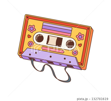 Cartoon vintage 80s groovy cassette tape sticker or tag. Vintage hippie patch, retro groovy vector label. Funky 70s sticker or isolated tag with retro music player cassette 132781619
