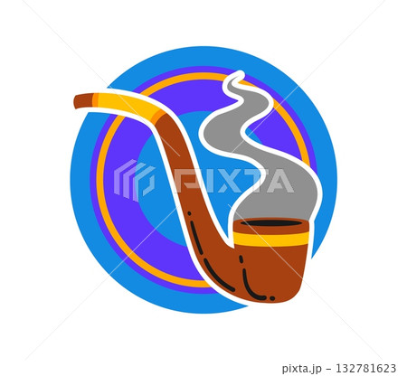 Pirate smoking pipe vintage Y2K sticker or tag. Pirate sailing tag, piracy and nautical Y2K vector patch. Corsair marine vintage sticker or label with smoking pipe and tobacco smoke 132781623