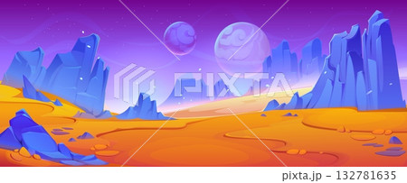 Space planet landscape with orange ground and blue mountains. Alien galaxy adventure game level vector background of cartoon fantasy universe planet surface landscape with sand desert, dunes and rocks 132781635