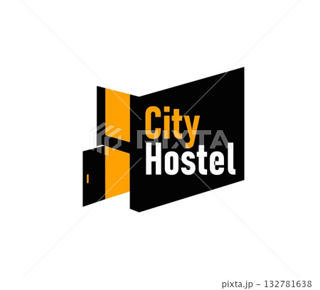 City hostel icon for urban hotel or guest house rooms rent, vector app sign. Hostel icon in modern creative trendy style with door and window light silhouette for hotel apartments or guesthouse 132781638