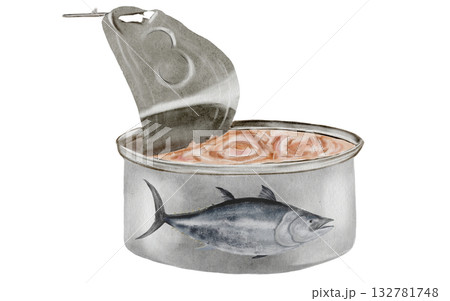 Canned tuna fillet watercolor. Hand-drawn packed ocean fish on a white background. Food clip art. Perfect for restaurant menu recipe books and Japanese cuisine. 132781748