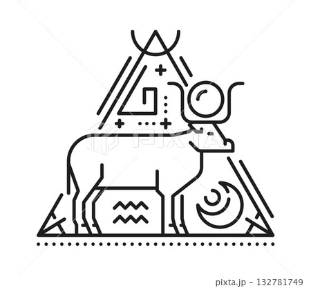 Egyptian cow and sun esoteric line tattoo or sticker. Egypt culture tarot thin line vector print, egyptian history sacred tattoo. Africa civilization esoteric sign with Hesat goddess cow animal 132781749