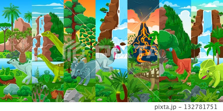 Cartoon prehistoric dinosaur characters collage. Vector dino species sauropods, triceratops, ankylosaurs and theropods in jungle landscapes with volcanoes, waterfalls and lush vegetation on background 132781751