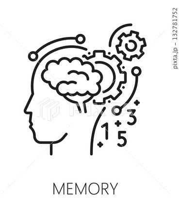 Memory cognitive ability line icon or sign. Memory therapy lineart vector icon, cognitive ability development thin line sign. Mental capability pictogram with brain and cogwheels in human head Memory cognitive ability line icon or sign. Memory therapy lineart vector icon, cognitive ability development thin line sign. Mental capability pictogram with brain and cogwheels in human head 132781752