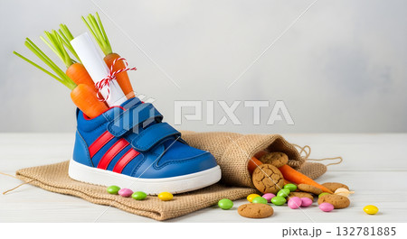 Childrens shoe and pepernoten for Sinterklaas and carrot for horse treat stands in front of hot fireplace. Celebration concept for children party in Saint Nicolas day five december.  132781885
