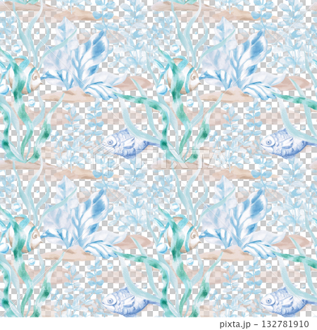 A seamless pattern with stylized seaweed and fish on a dark blue background. A fairytale-style watercolor illustration for decorating children's rooms, swimming pools, and printing on fabric. 132781910
