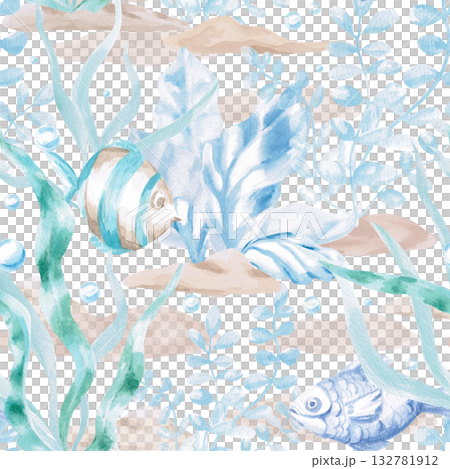 A seamless pattern with stylized seaweed and fish. A fairytale-style watercolor illustration for decorating children's rooms, swimming pools, and printing on fabric and clothing. 132781912