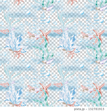 A seamless pattern with seaweed, shells, and starfish on a soft blue background. A fairytale-style watercolor illustration for decorating children's rooms, swimming pools, and fabric printing. 132781913