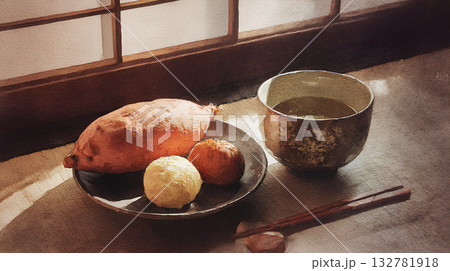 秋の焼き芋と栗とお茶のある落ち着いた和の風景 秋の焼き芋と栗とお茶のある落ち着いた和の風景 132781918