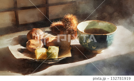 栗のお菓子とお茶の秋の和スイーツイラスト 栗のお菓子とお茶の秋の和スイーツイラスト 132781919