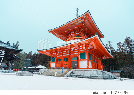 雪化粧した高野山 根本大塔 雪化粧した高野山 根本大塔 132781963