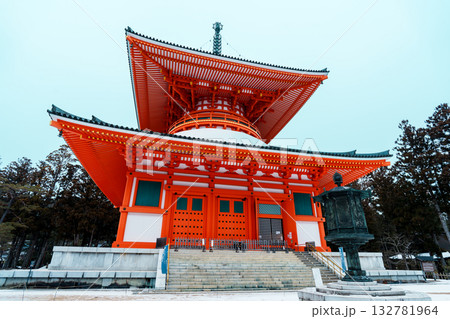 雪化粧した高野山　根本大塔 132781964