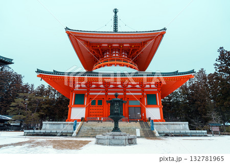 雪化粧した高野山　根本大塔 132781965