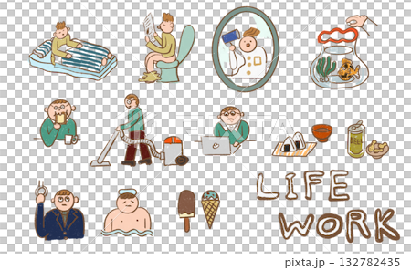 一組描繪從起床到入睡的日常生活插圖 132782435