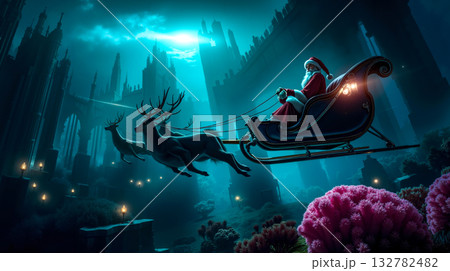 A santa claus riding in a sleigh pulled by two reindeers in front of a castle A santa claus riding in a sleigh pulled by two reindeers in front of a castle 132782482