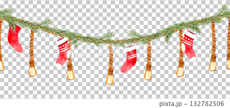 Christmas garland with pine branches, glowing lights, and red stockings. Hand-painted watercolor seamless border in warm colors, perfect for winter cards, home decor, packaging, or holiday invitations 132782506