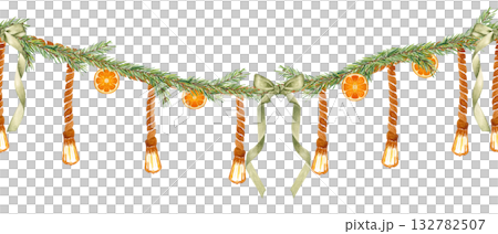 Christmas garland with fir branches, dried oranges, green ribbons, and vintage rope lights. Hand-painted watercolor seamless border in warm tones, perfect for winter cards, decor, holiday design 132782507