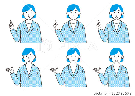 さまざまな表情の女性ビジネスパーソンのセット シンプル線画イラスト さまざまな表情の女性ビジネスパーソンのセット シンプル線画イラスト 132782578
