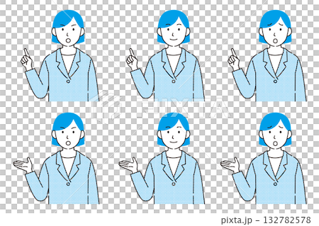 一組表情各異的女性商務人士。簡潔的線條插畫。 一組表情各異的女性商務人士。簡潔的線條插畫。 132782578