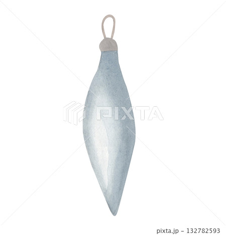 Watercolor hand drawn illustration of a blue Christmas toy icicle and hanging loop. winter new year celebration element. Festive glass bauble decoration for the holidays and seasonal designs Watercolor hand drawn illustration of a blue Christmas toy icicle and hanging loop. winter new year celebration element. Festive glass bauble decoration for the holidays and seasonal designs 132782593