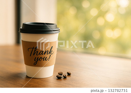 おだやかな光が注ぐ室内の珈琲　「Thank you!」のメッセージ付き 132782731