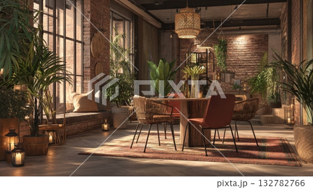 This indoor area features a warm design with wooden furniture, lush greenery, and soft lighting. A round table surrounded by chairs creates a friendly atmosphere, ideal for gatherings. 132782766