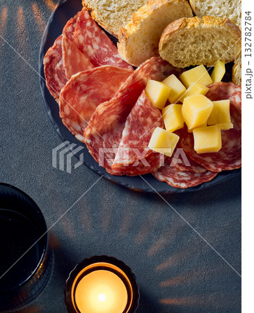 plate of salami sausage and cheese plate of salami sausage and cheese 132782784
