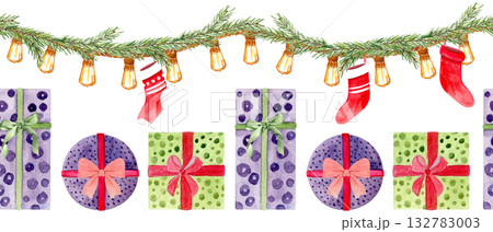 Gifts, fir garland, glowing lights, and red stockings. Hand-painted watercolor seamless banner isolated on white perfect for holiday cards, wrapping paper, headers, or seasonal branding. Christmas Gifts, fir garland, glowing lights, and red stockings. Hand-painted watercolor seamless banner isolated on white perfect for holiday cards, wrapping paper, headers, or seasonal branding. Christmas 132783003