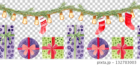 Gifts, fir garland, glowing lights, and red stockings. Hand-painted watercolor seamless banner isolated on white perfect for holiday cards, wrapping paper, headers, or seasonal branding. Christmas Gifts, fir garland, glowing lights, and red stockings. Hand-painted watercolor seamless banner isolated on white perfect for holiday cards, wrapping paper, headers, or seasonal branding. Christmas 132783003